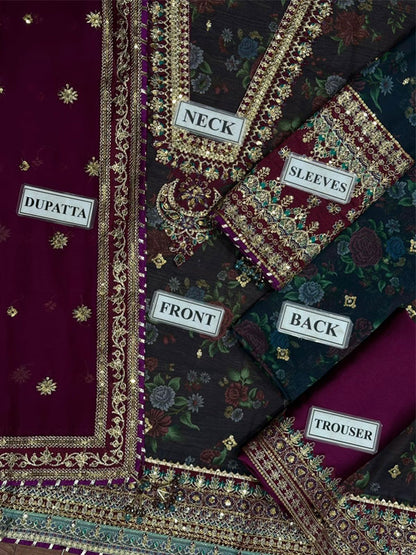 BAROQUE Chiffon Hevy Embroidered Dress With Digital Printed Sequence Embroidered Dupatta (Unstitched) (CHI-1044)