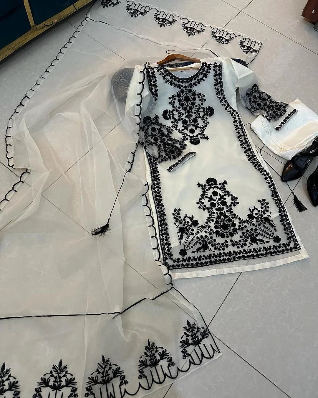 Stitched Elegant Long Shirt Style Embroidered 3-Piece