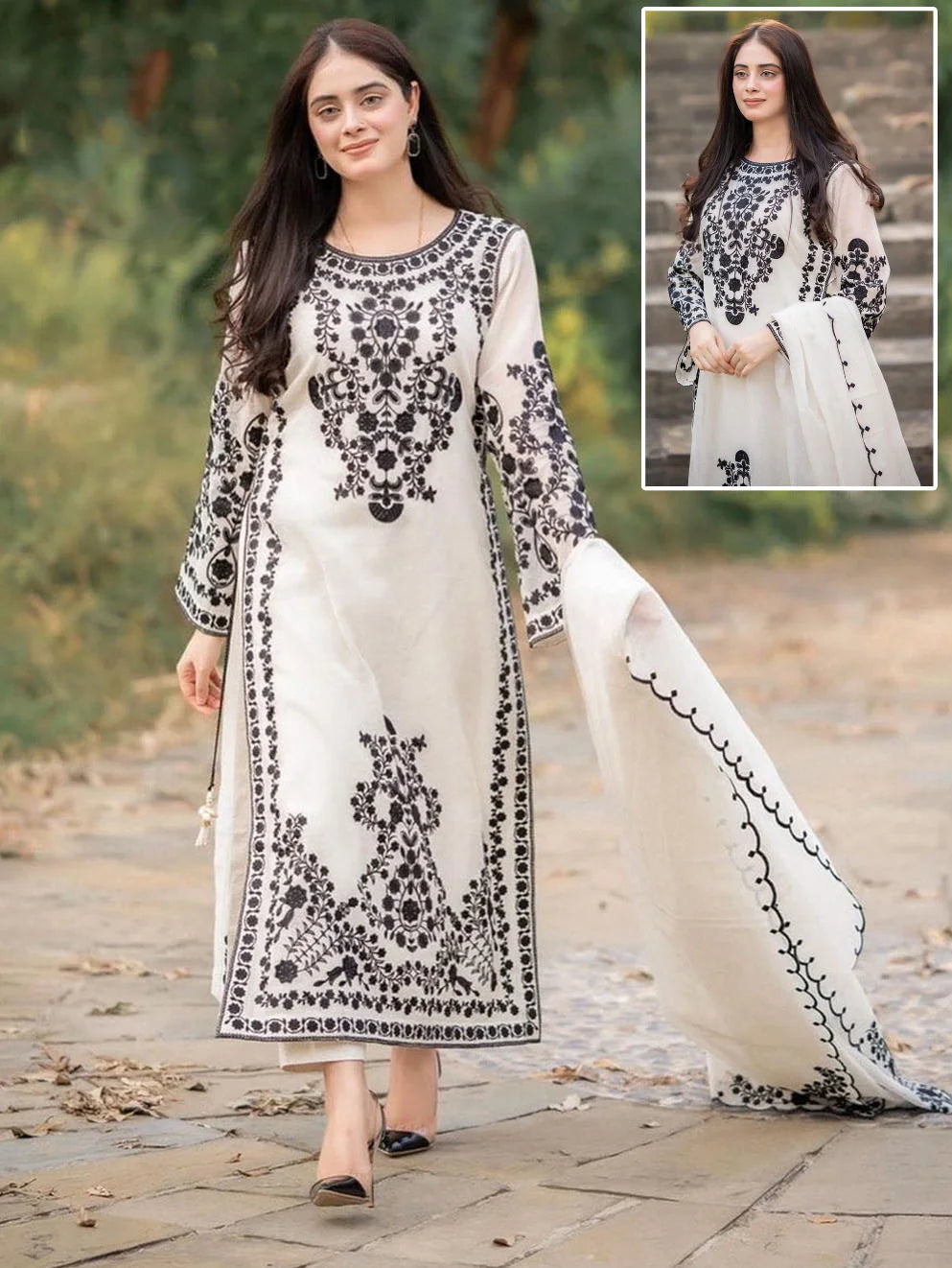 Stitched Elegant Long Shirt Style Embroidered 3-Piece