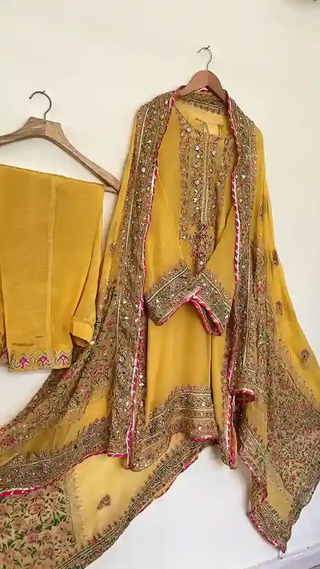 Stitched Mayoun Yellow Chiffon Suit