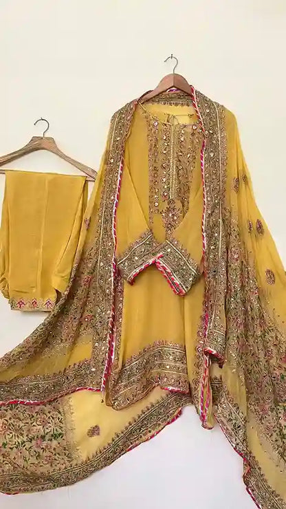Stitched Mayoun Yellow Chiffon Suit