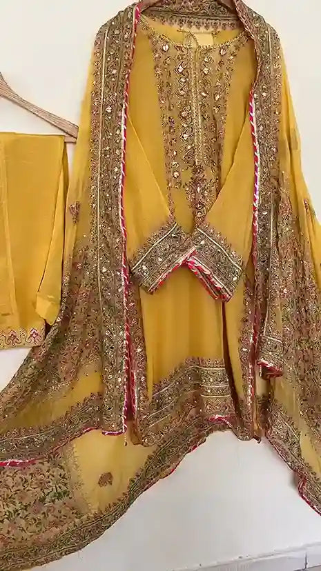 Stitched Mayoun Yellow Chiffon Suit